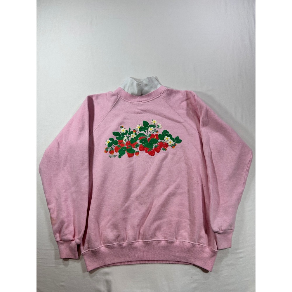 Vintage Hanes Strawberry Graphic Sweatshirt Pink Mock Neck Large Made in USA